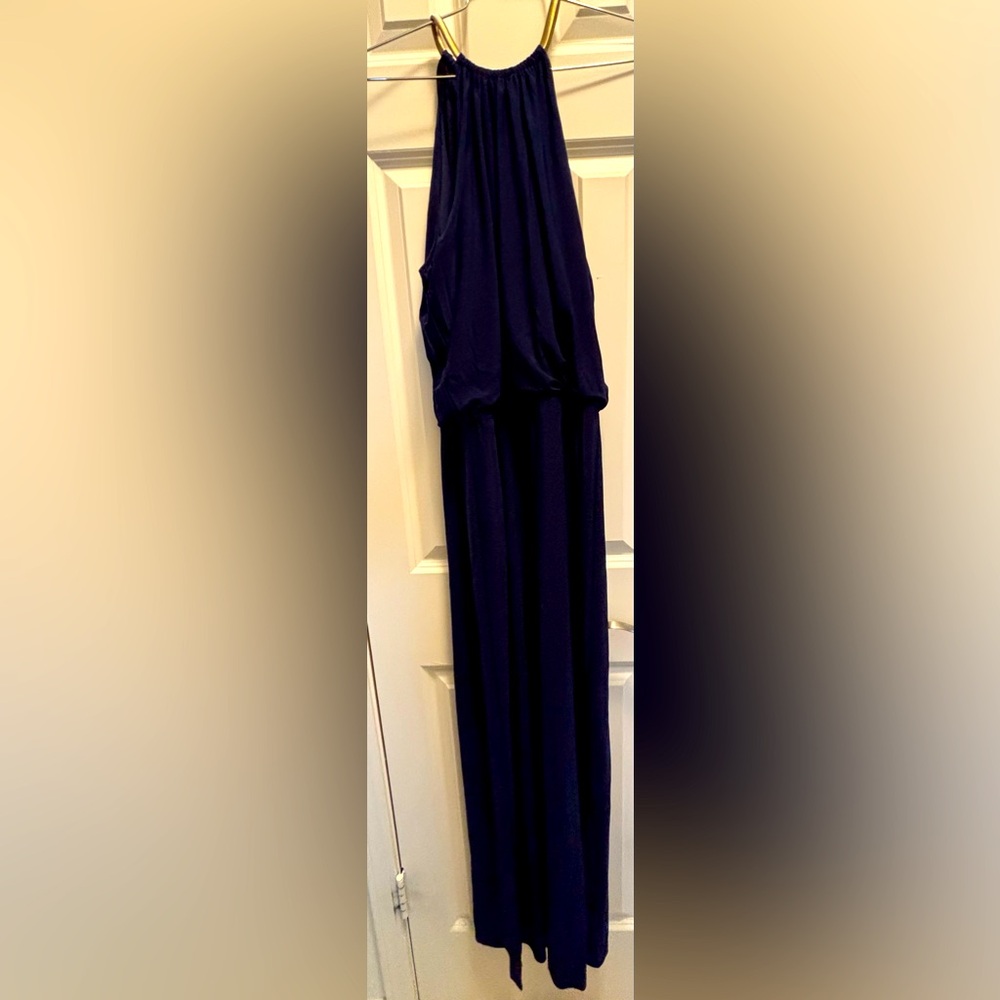 Military Ball Dress or cruise ship dress. Long Navy dress with gold necklace.